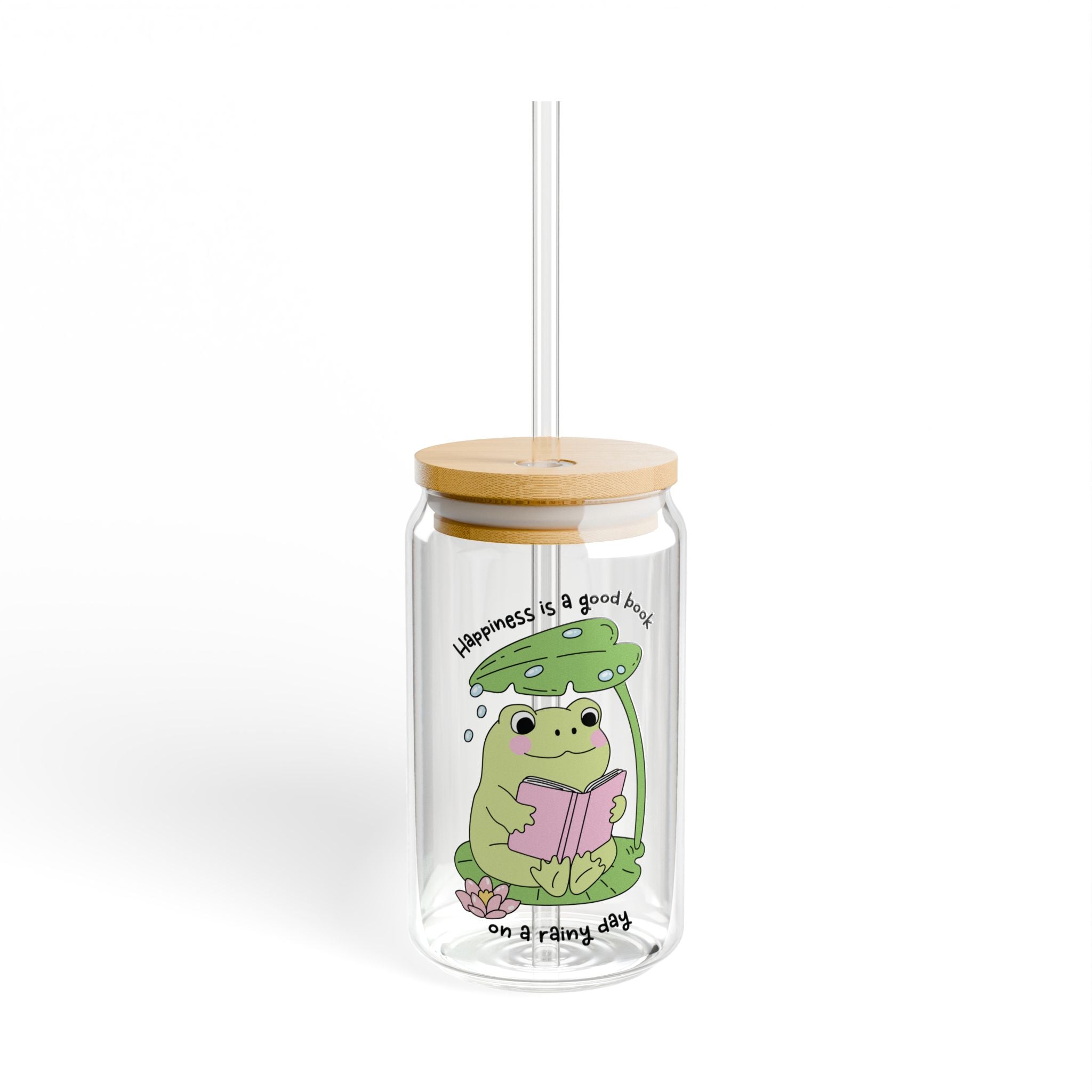 Happiness Is A Good Book On A Rainy Day Frog Glass Tumbler – Book Lover Sipper Glass | Gift for Readers