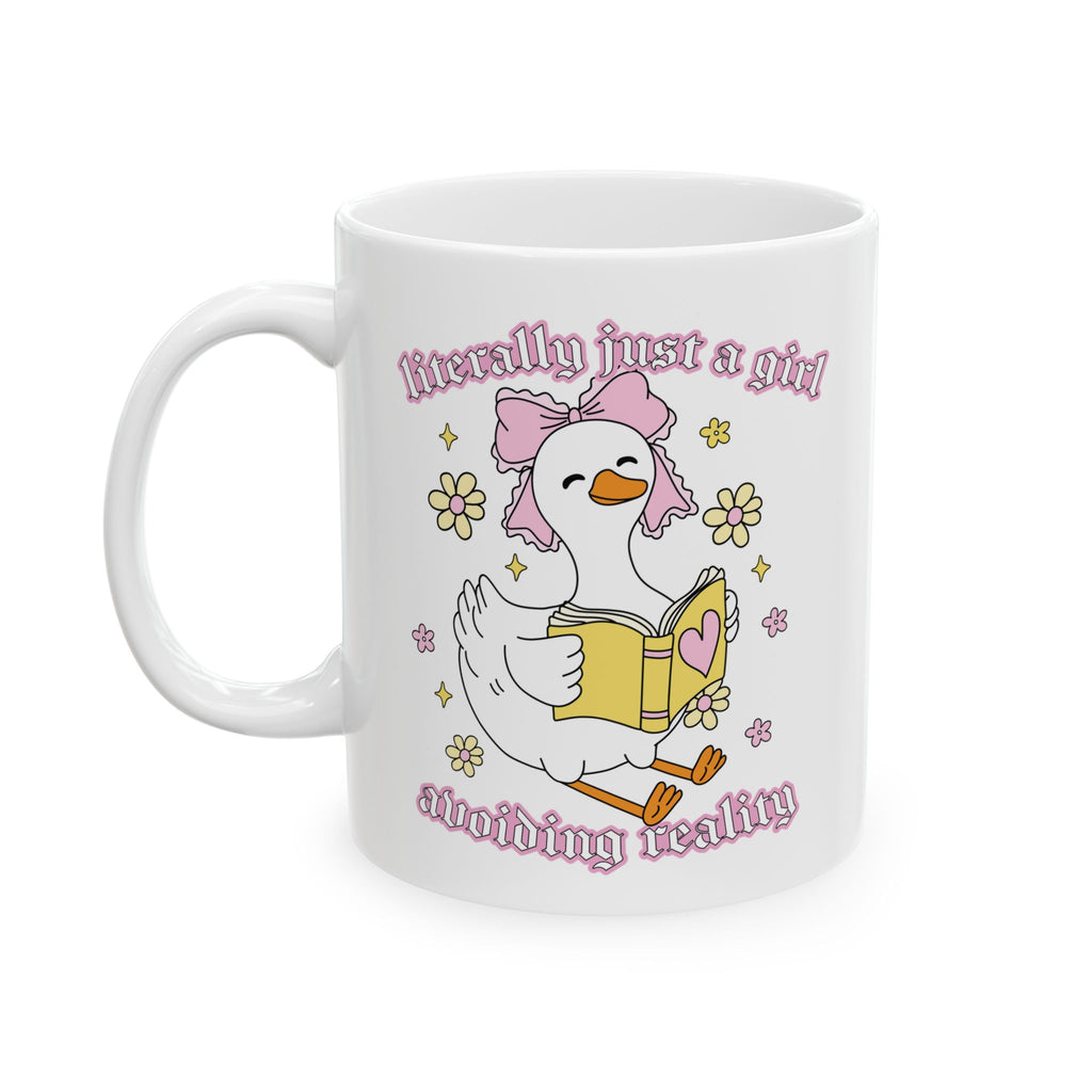 Literally Just A Girl Avoiding Reality Goose Mug – Book Lover Ceramic Mug | Gift for Readers