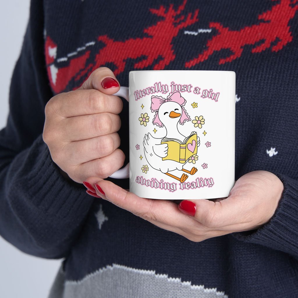 Literally Just A Girl Avoiding Reality Goose Mug – Book Lover Ceramic Mug | Gift for Readers