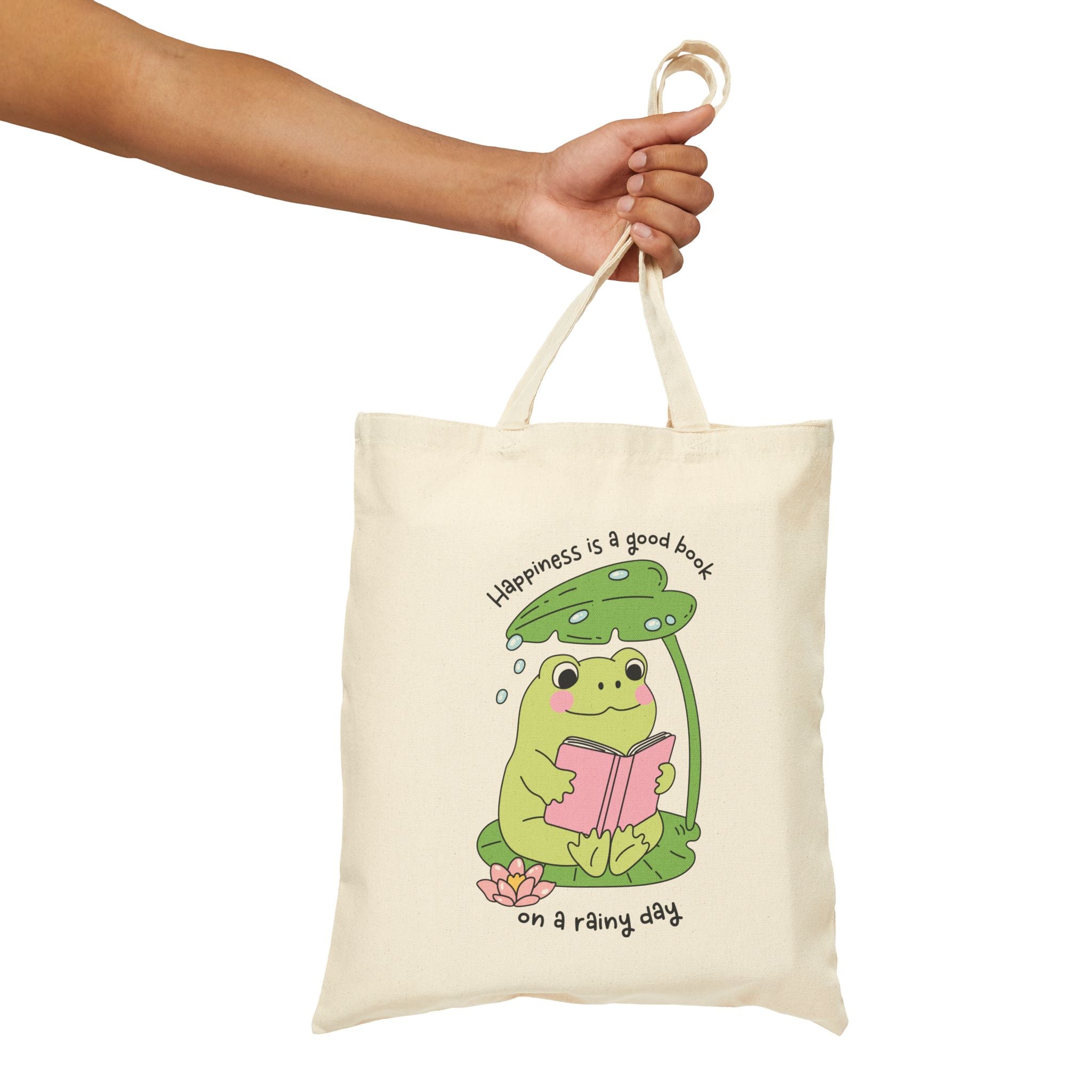 Happiness Is A Good Book On A Rainy Day Frog Tote Bag – Book Lover Canvas Tote | Gift for Readers