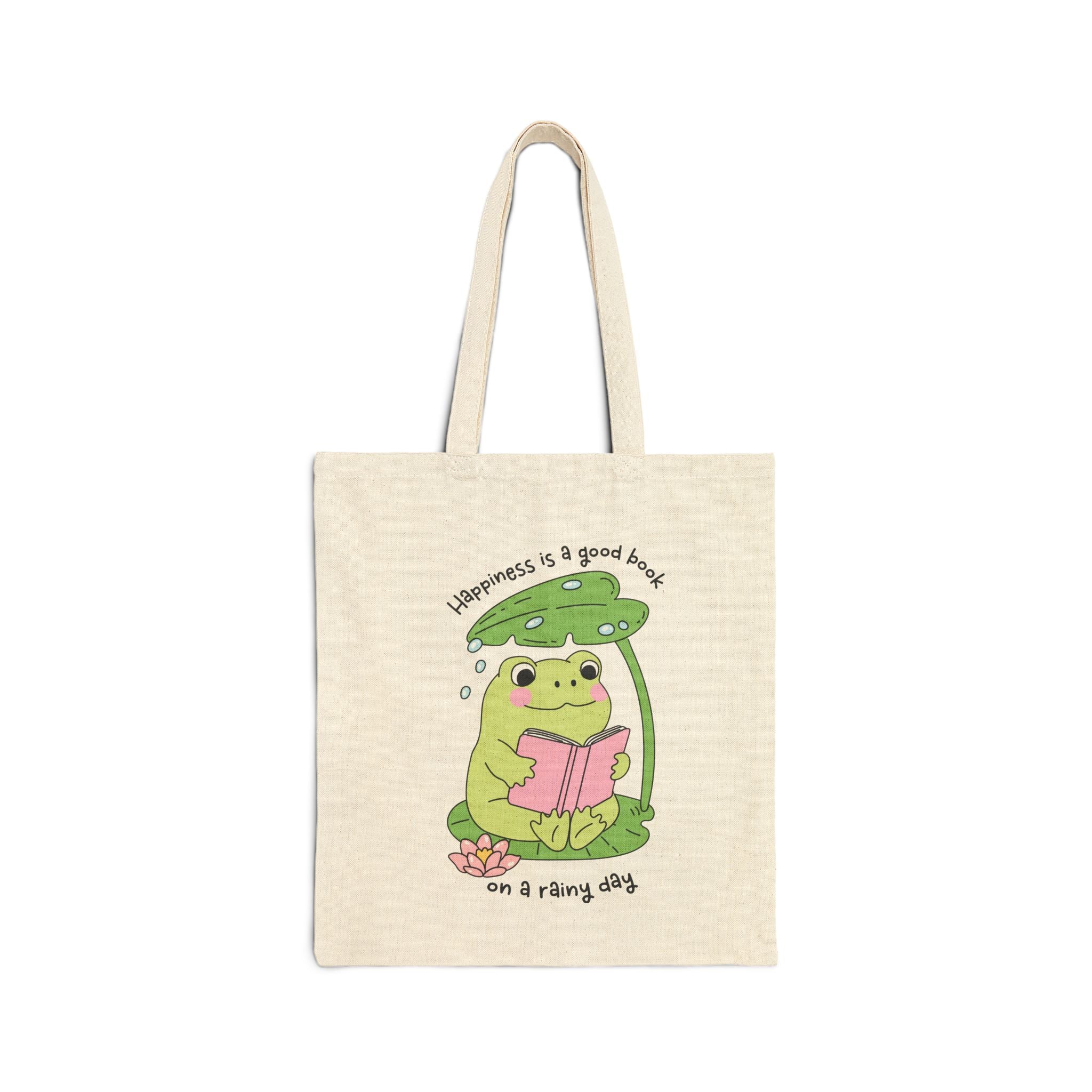 Happiness Is A Good Book On A Rainy Day Frog Tote Bag – Book Lover Canvas Tote | Gift for Readers