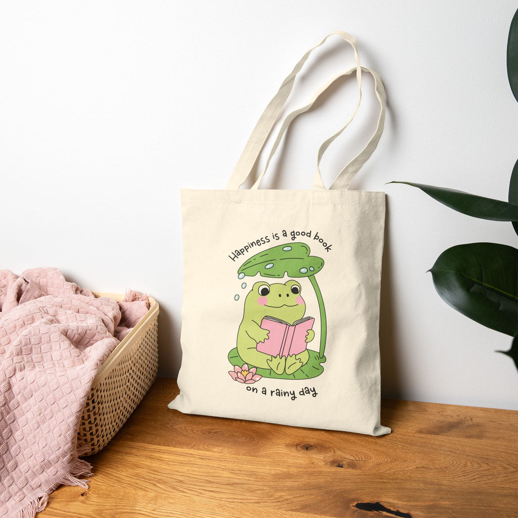 Happiness Is A Good Book On A Rainy Day Frog Tote Bag – Book Lover Canvas Tote | Gift for Readers
