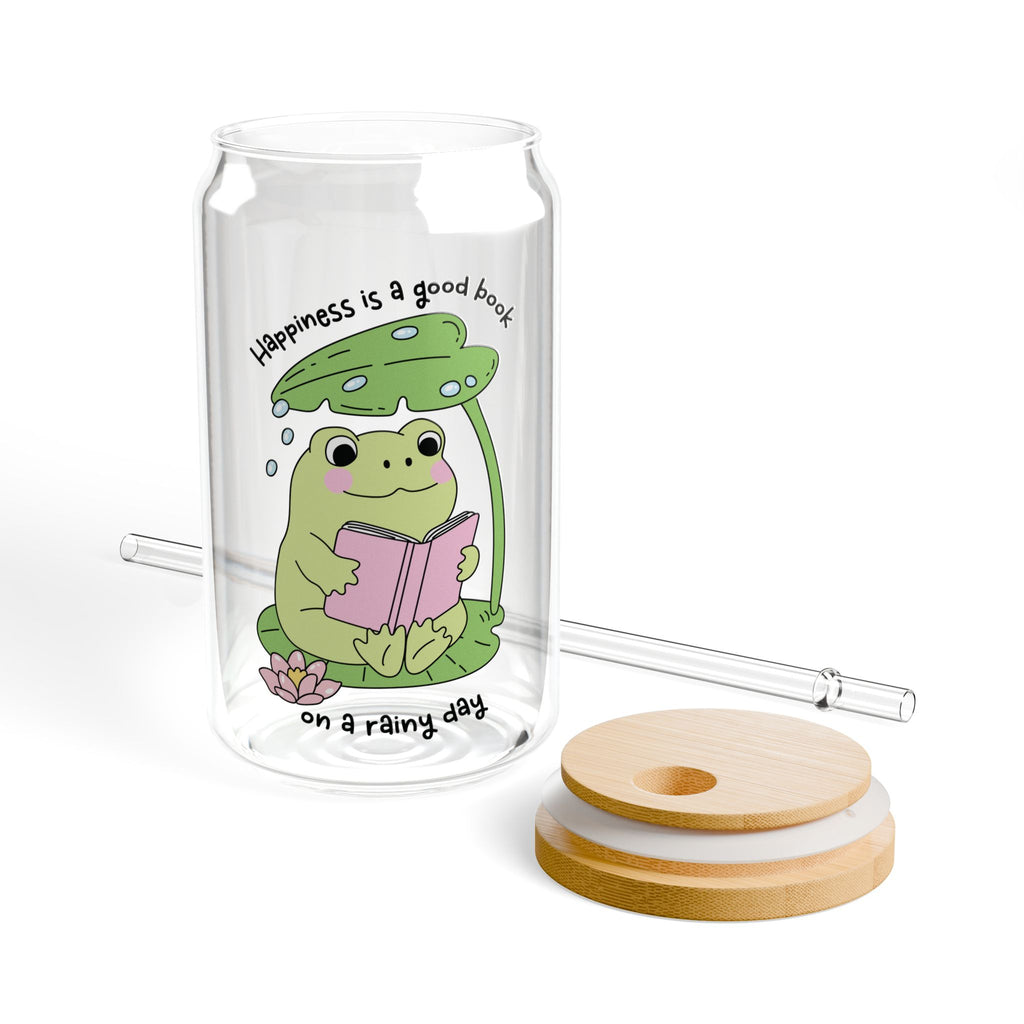 Happiness Is A Good Book On A Rainy Day Frog Glass Tumbler – Book Lover Sipper Glass | Gift for Readers