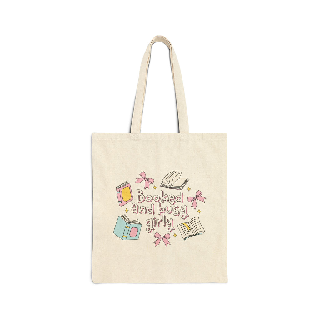 Booked & Busy Girly Tote Bag – Book Lover Canvas Tote | Gift for Readers