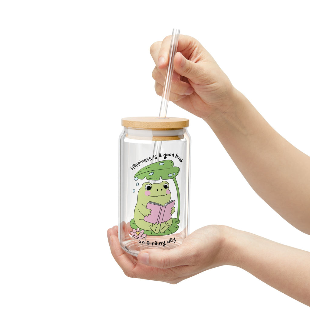 Happiness Is A Good Book On A Rainy Day Frog Glass Tumbler – Book Lover Sipper Glass | Gift for Readers