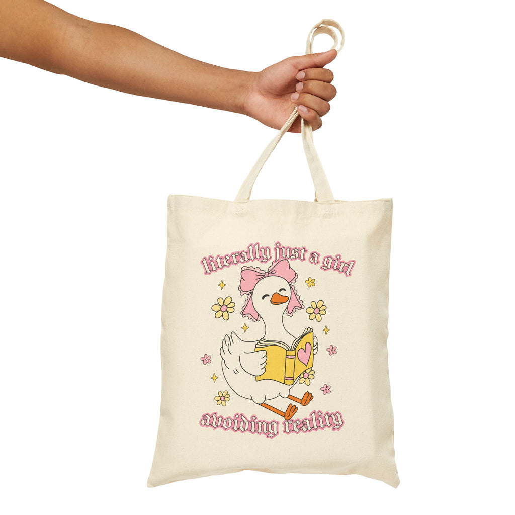Literally Just A Girl Avoiding Reality Goose Tote Bag – Book Lover Canvas Tote | Gift for Readers