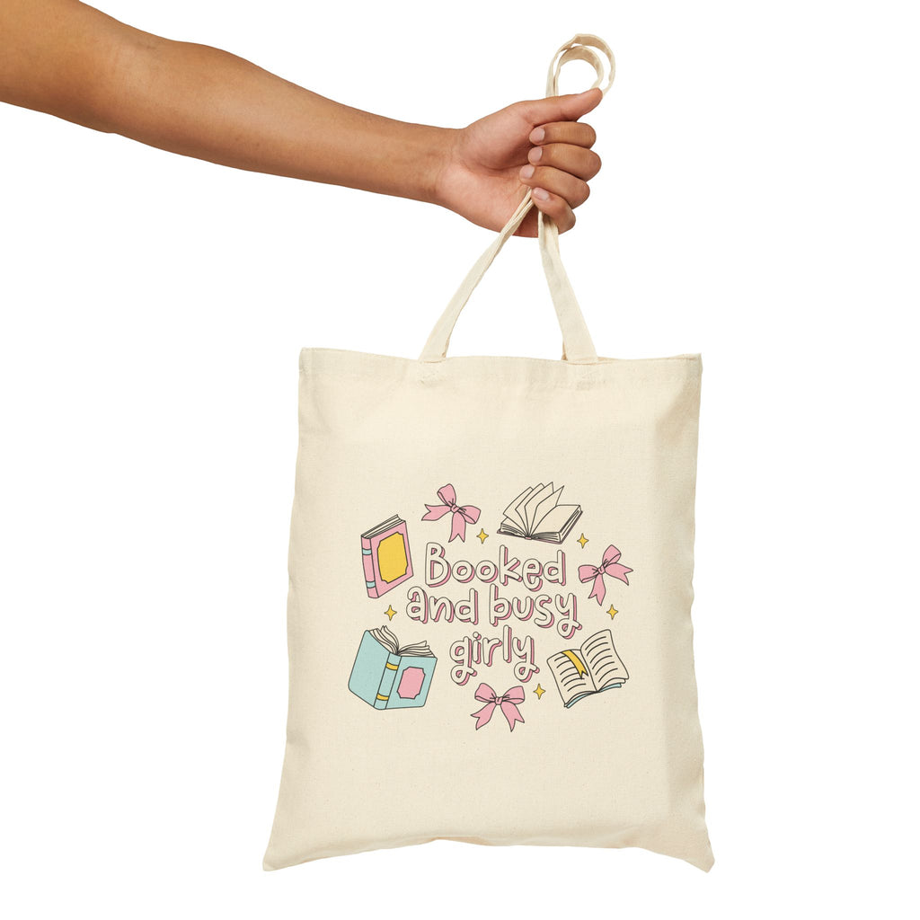 Booked & Busy Girly Tote Bag – Book Lover Canvas Tote | Gift for Readers