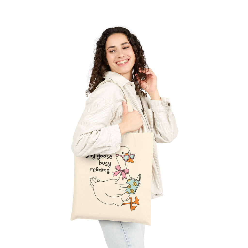 Just A Silly Goose Busy Reading Tote Bag – Book Lover Canvas Tote | Gift for Readers