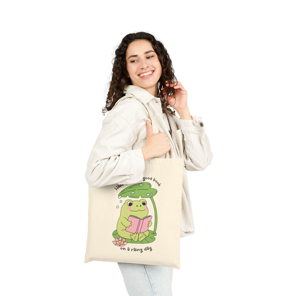 Happiness Is A Good Book On A Rainy Day Frog Tote Bag – Book Lover Canvas Tote | Gift for Readers