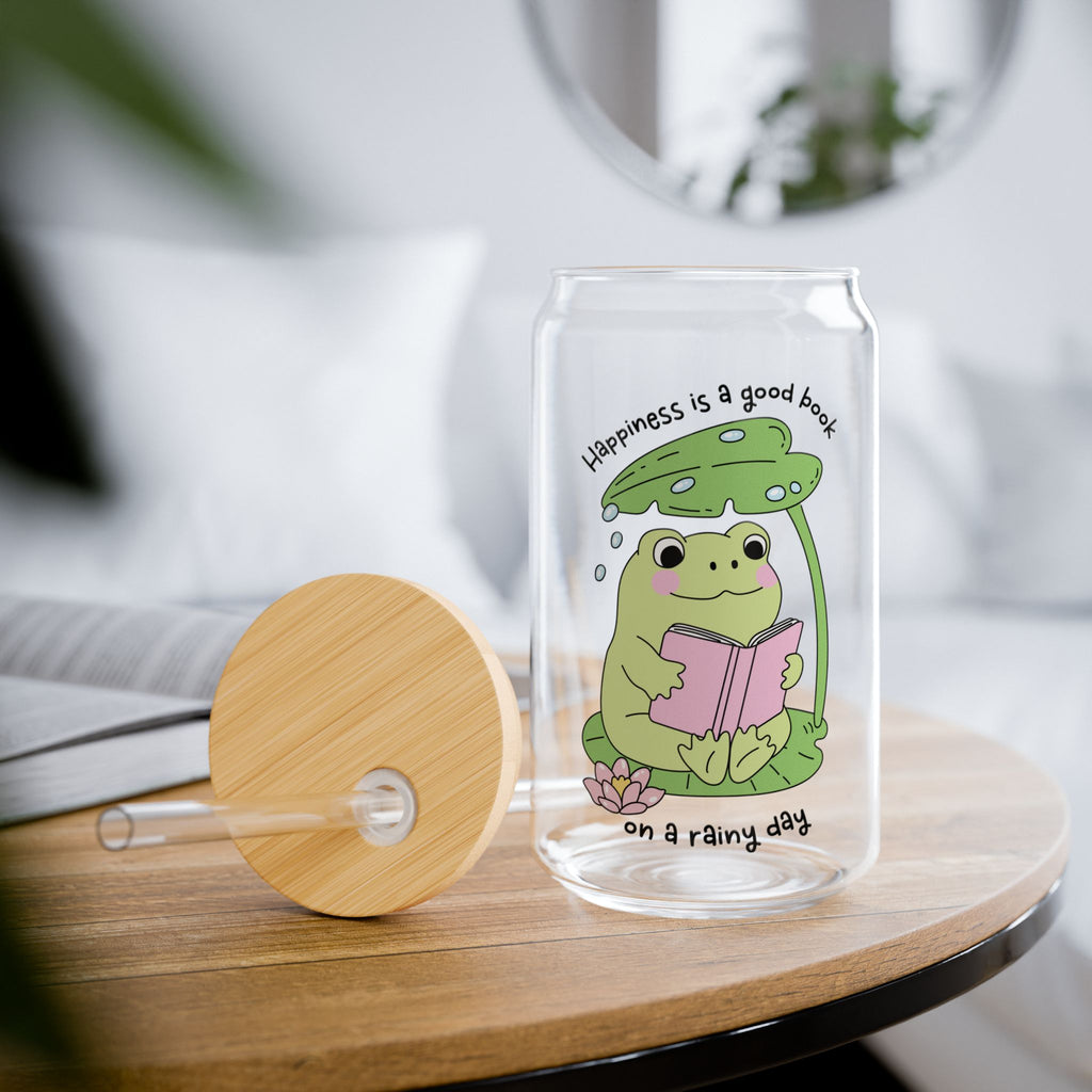 Happiness Is A Good Book On A Rainy Day Frog Glass Tumbler – Book Lover Sipper Glass | Gift for Readers