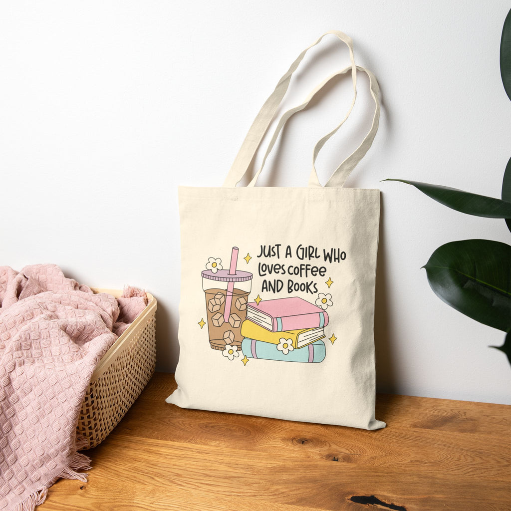Just A Girl Who Loves Coffee & Books Tote Bag – Book Lover Canvas Tote | Gift for Readers