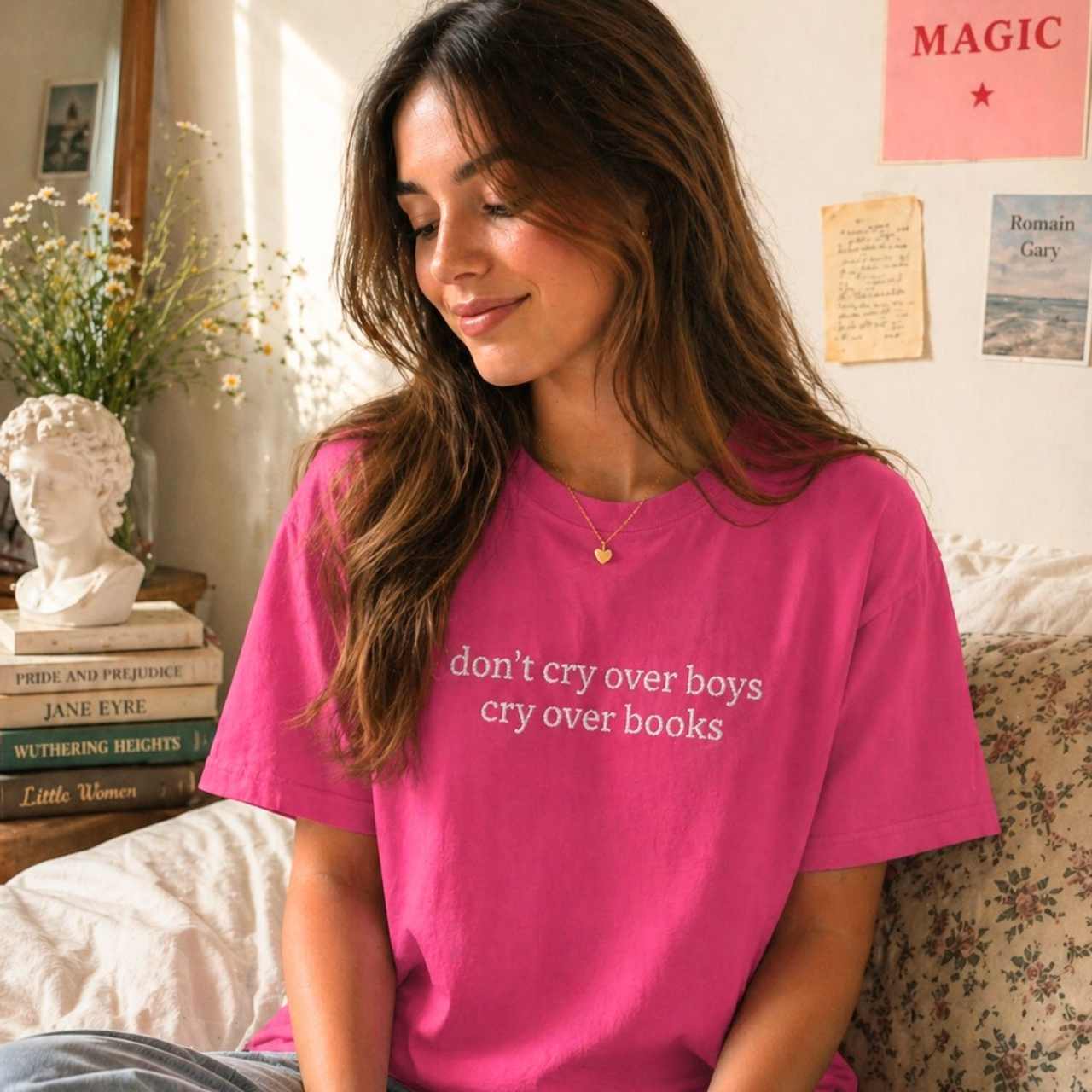 Don’t Cry Over Boys Cry Over Books Embroidered T-Shirt – Book Lover Tee | Reader Gift