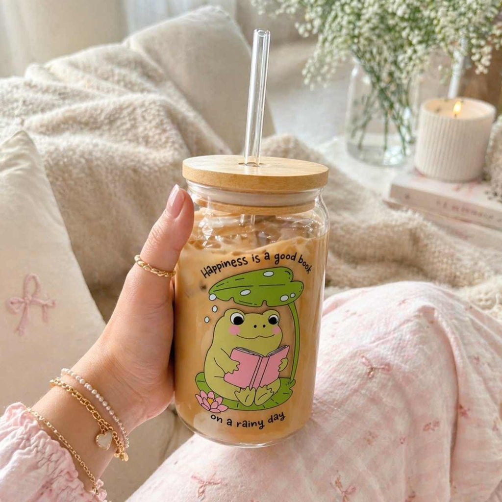 Happiness Is A Good Book On A Rainy Day Frog Glass Tumbler – Book Lover Sipper Glass | Gift for Readers