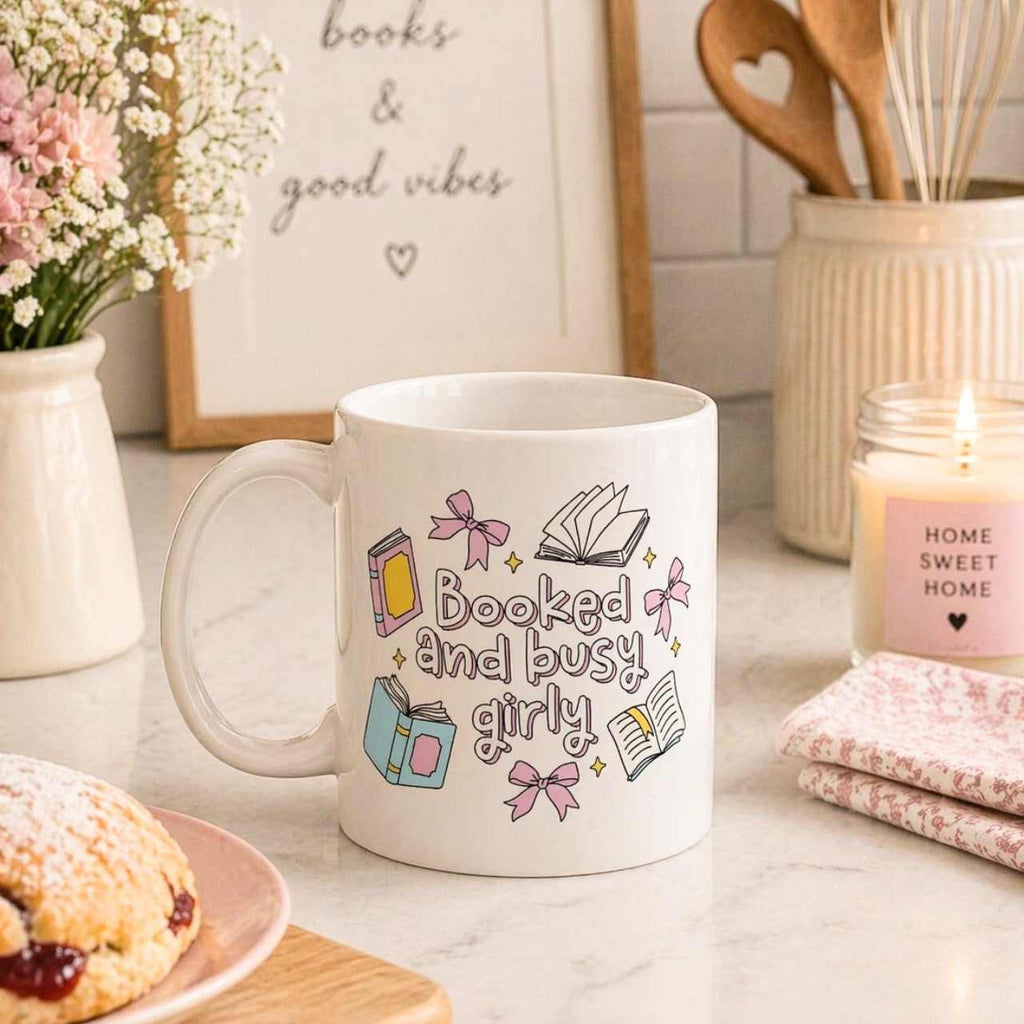 Booked & Busy Girly Mug – Book Lover Ceramic Mug | Gift for Readers