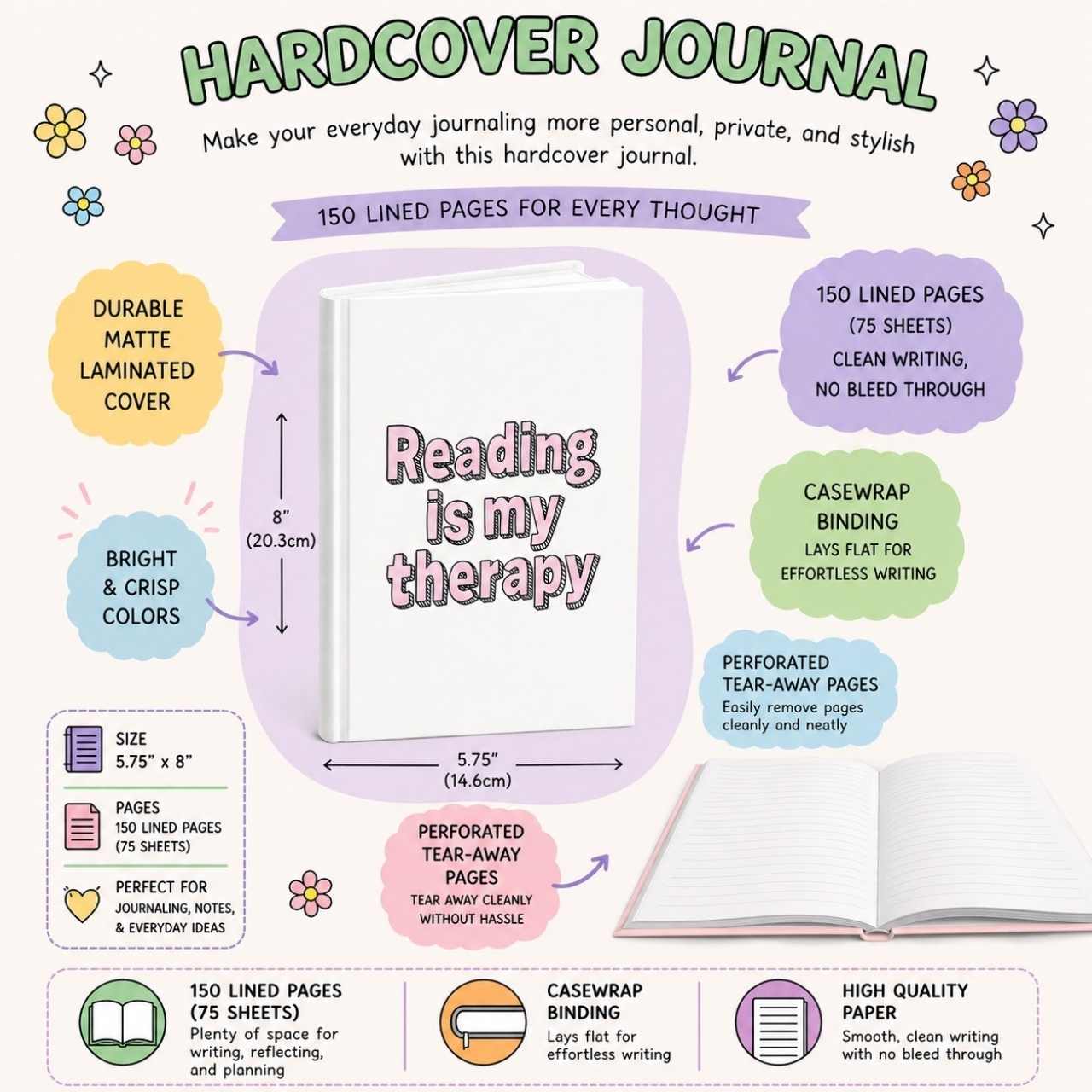 Reading Is My Therapy Journal – Hardcover Reading Journal | Gift for Book Lovers