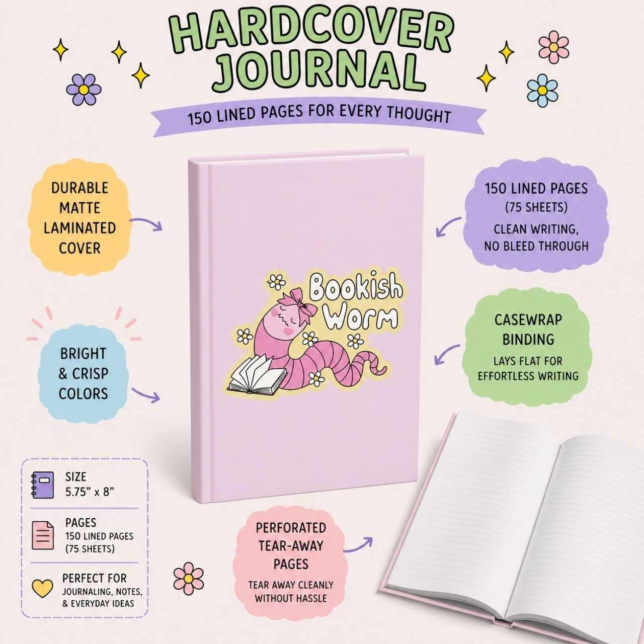 Bookish Worm Journal – Hardcover Reading Journal | Gift for Book Lovers