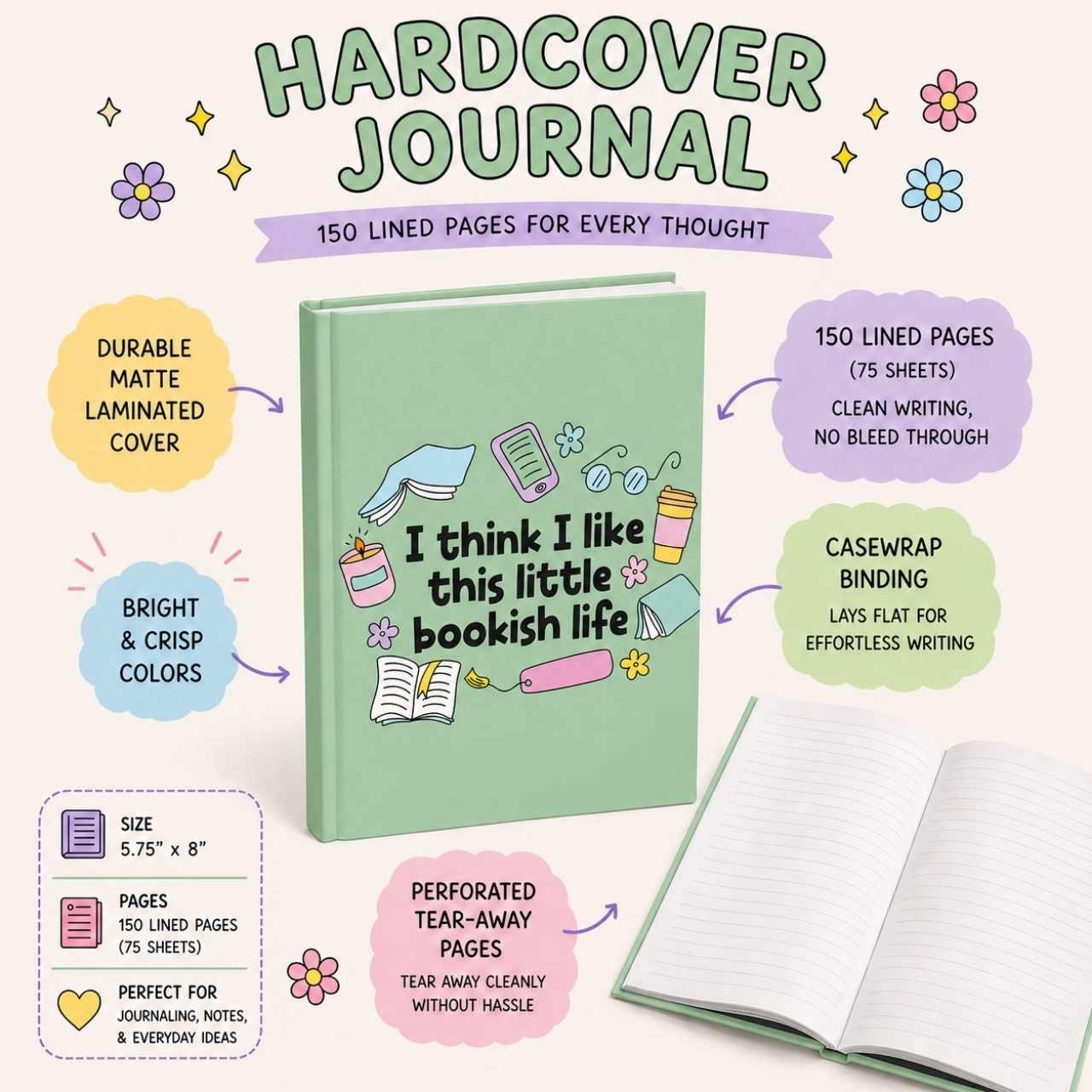 I Think I Like This Little Bookish Life Journal – Hardcover Reading Journal | Gift for Book Lovers
