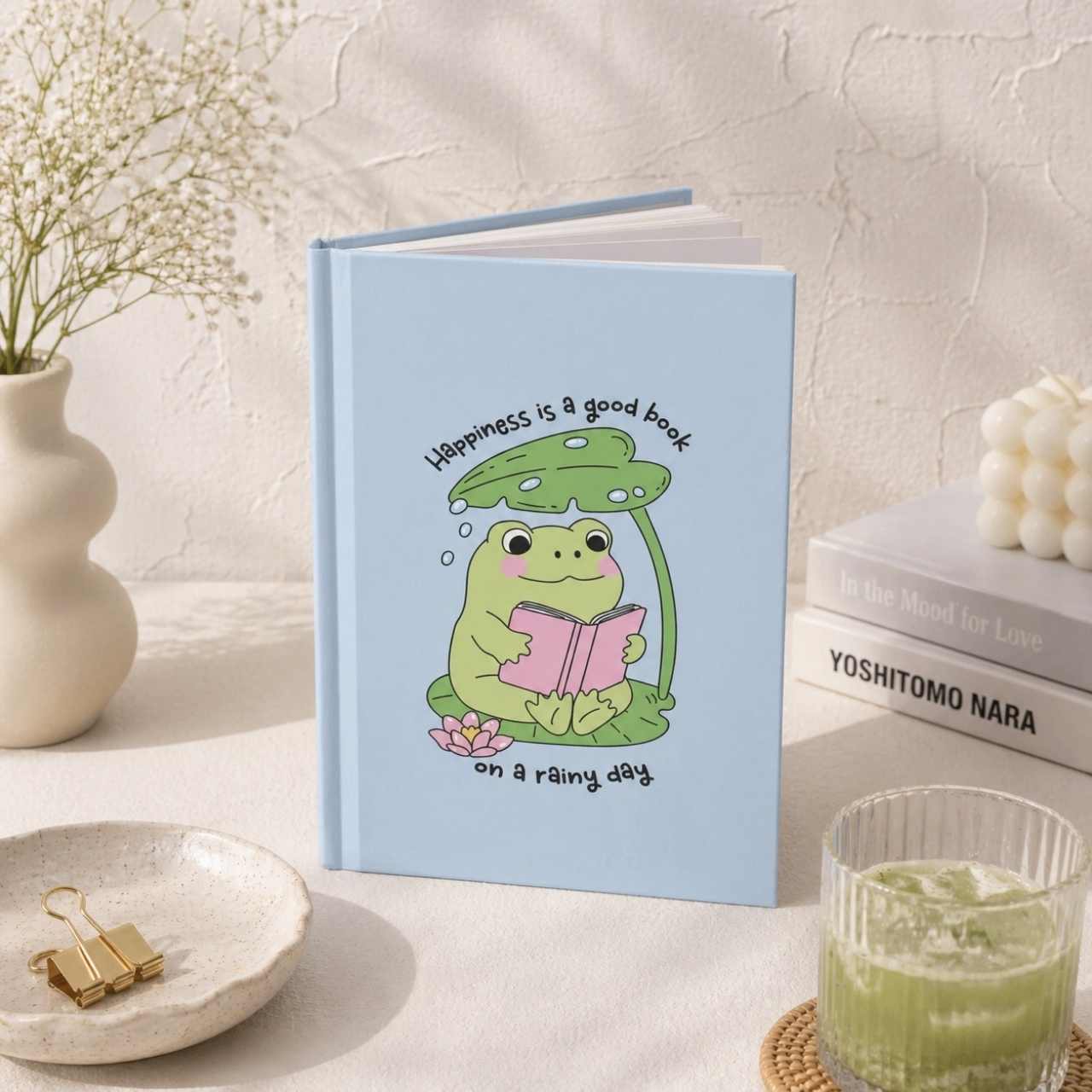 Happiness Is A Good Book On A Rainy Day Frog Journal – Hardcover Reading Journal | Gift for Book Lovers