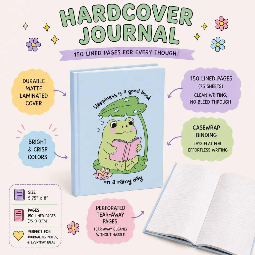 Happiness Is A Good Book On A Rainy Day Frog Journal – Hardcover Reading Journal | Gift for Book Lovers