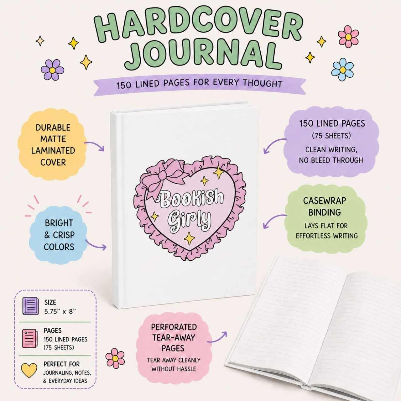 Bookish Girly Heart Journal – Hardcover Reading Journal | Gift for Book Lovers