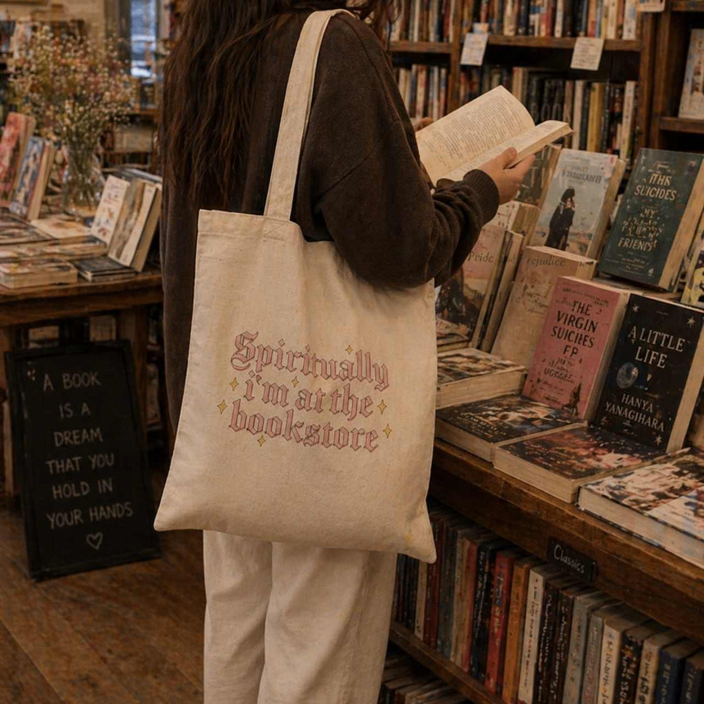 Spiritually I Am At The Bookstore Tote Bag – Book Lover Canvas Tote | Gift for Readers