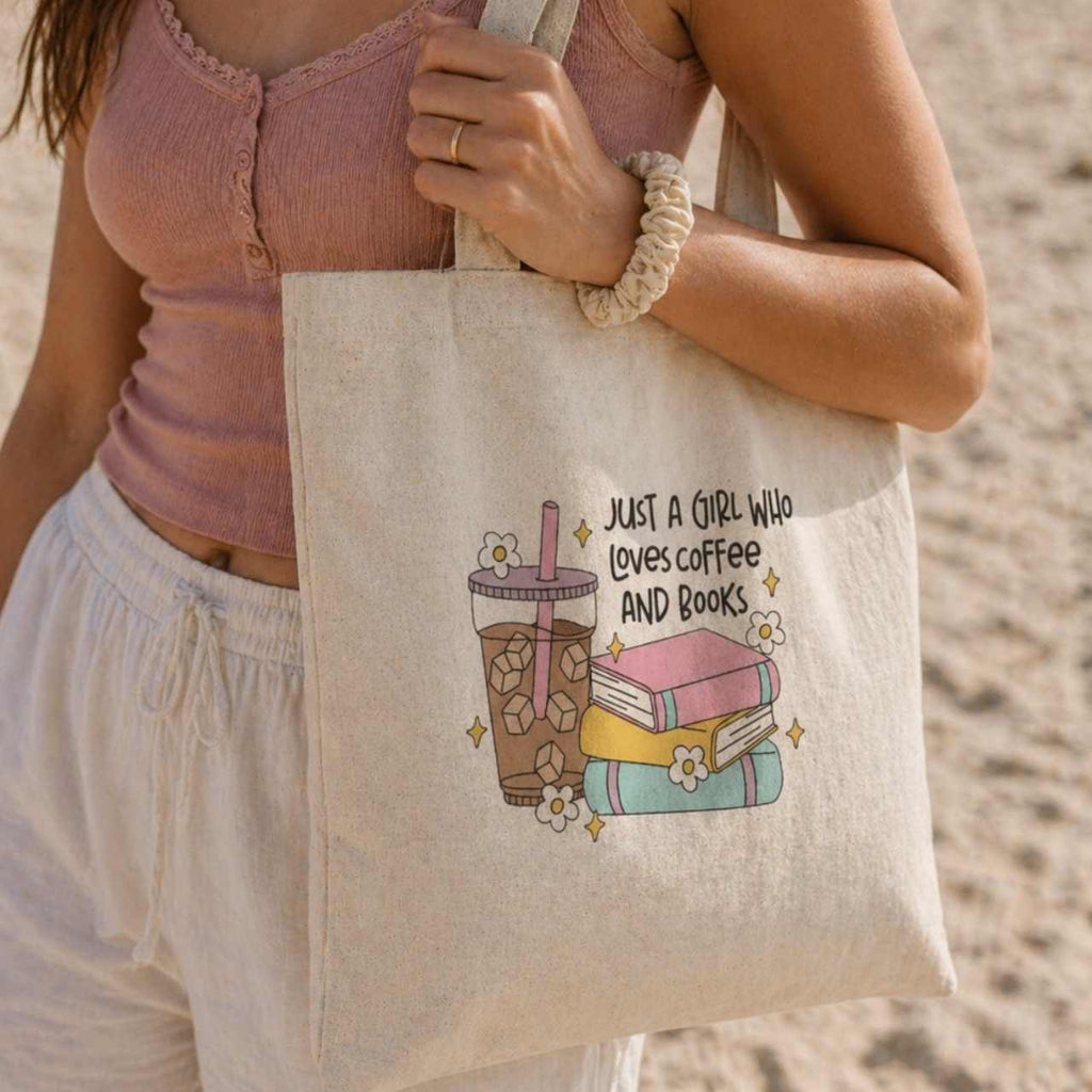 Just A Girl Who Loves Coffee & Books Tote Bag – Book Lover Canvas Tote | Gift for Readers