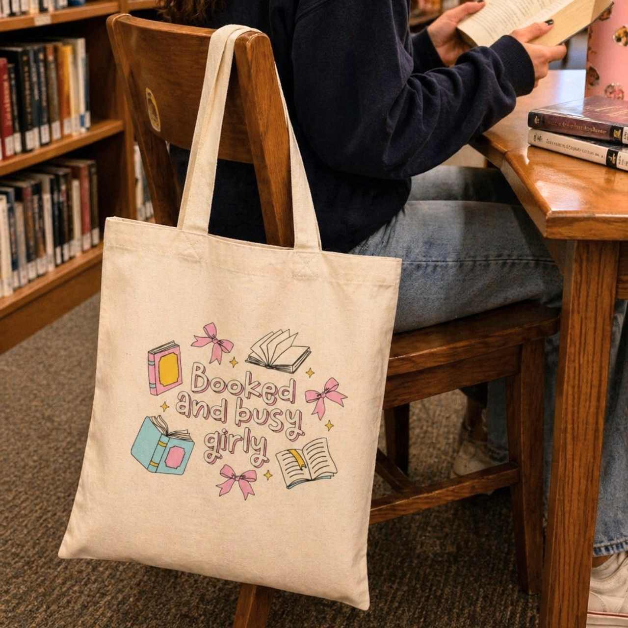 Booked & Busy Girly Tote Bag – Book Lover Canvas Tote | Gift for Readers