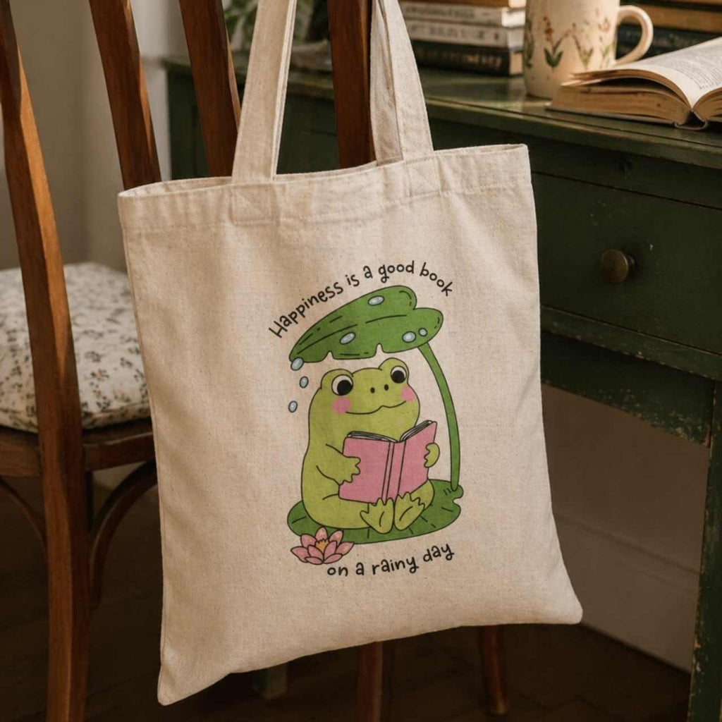 Happiness Is A Good Book On A Rainy Day Frog Tote Bag – Book Lover Canvas Tote | Gift for Readers