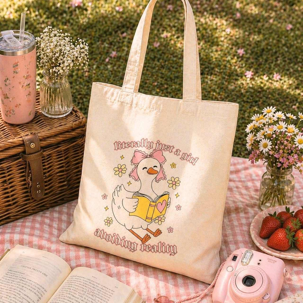 Literally Just A Girl Avoiding Reality Goose Tote Bag – Book Lover Canvas Tote | Gift for Readers