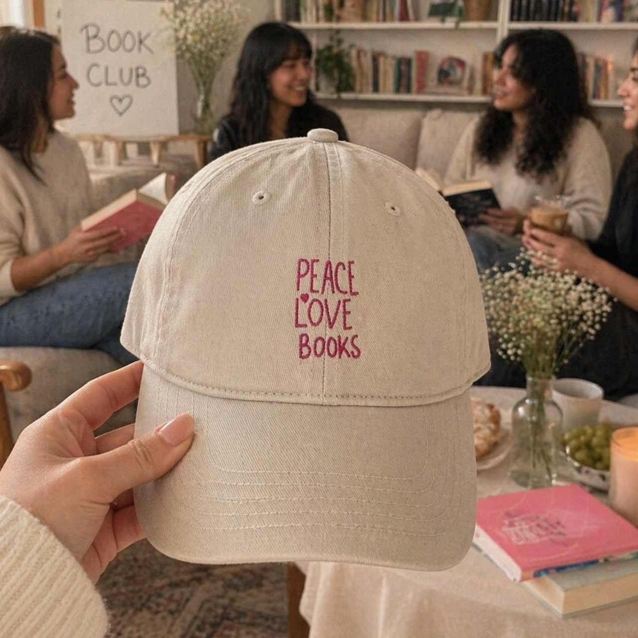 Peace Love Books Cap – Embroidered Bookish Baseball Hat | Gift for Readers