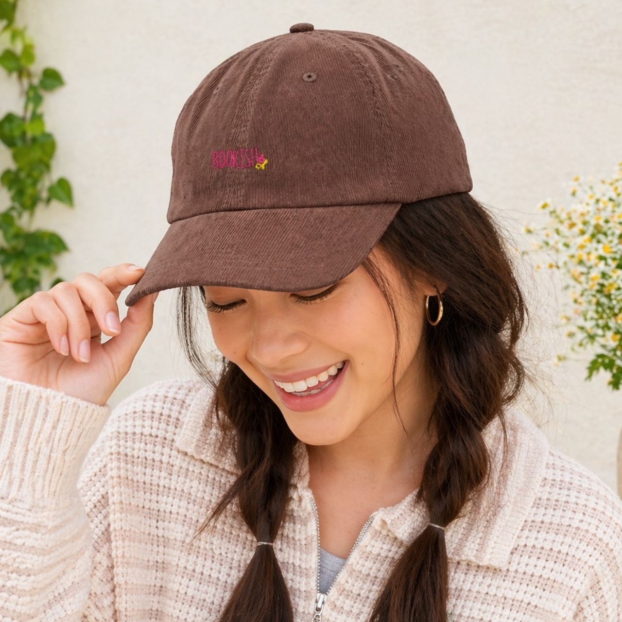 Bookish Floral Corduroy Cap – Vintage Embroidered Hat | Gift for Book Lovers