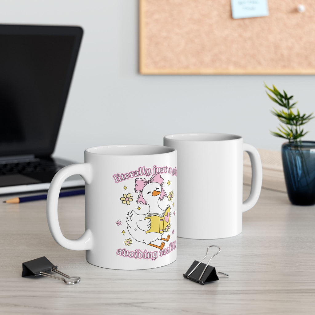 Literally Just A Girl Avoiding Reality Goose Mug – Book Lover Ceramic Mug | Gift for Readers