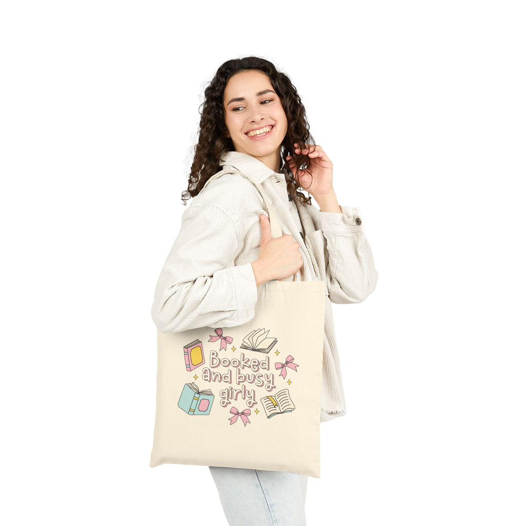 Booked & Busy Girly Tote Bag – Book Lover Canvas Tote | Gift for Readers
