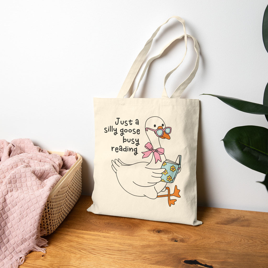 Just A Silly Goose Busy Reading Tote Bag – Book Lover Canvas Tote | Gift for Readers
